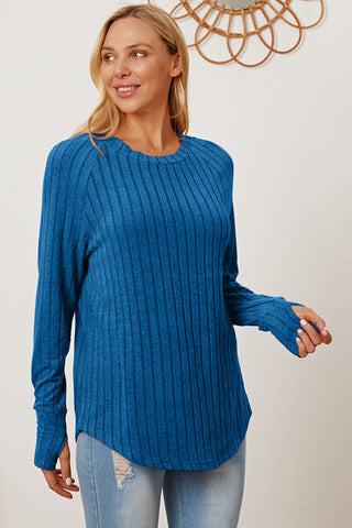 Ribbed Thumbhole Sleeve Lightweight Sweater in Various Colors