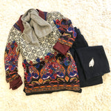 Printed Tunic with Embroidered Neck Line in Black and Gray Multicolor