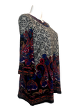 Printed Tunic with Embroidered Neck Line in Black and Gray Multicolor