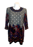 Printed Tunic with Embroidered Neck Line in Black and Gray Multicolor