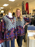 Printed Tunic with Embroidered Neck Line in Black and Gray Multicolor